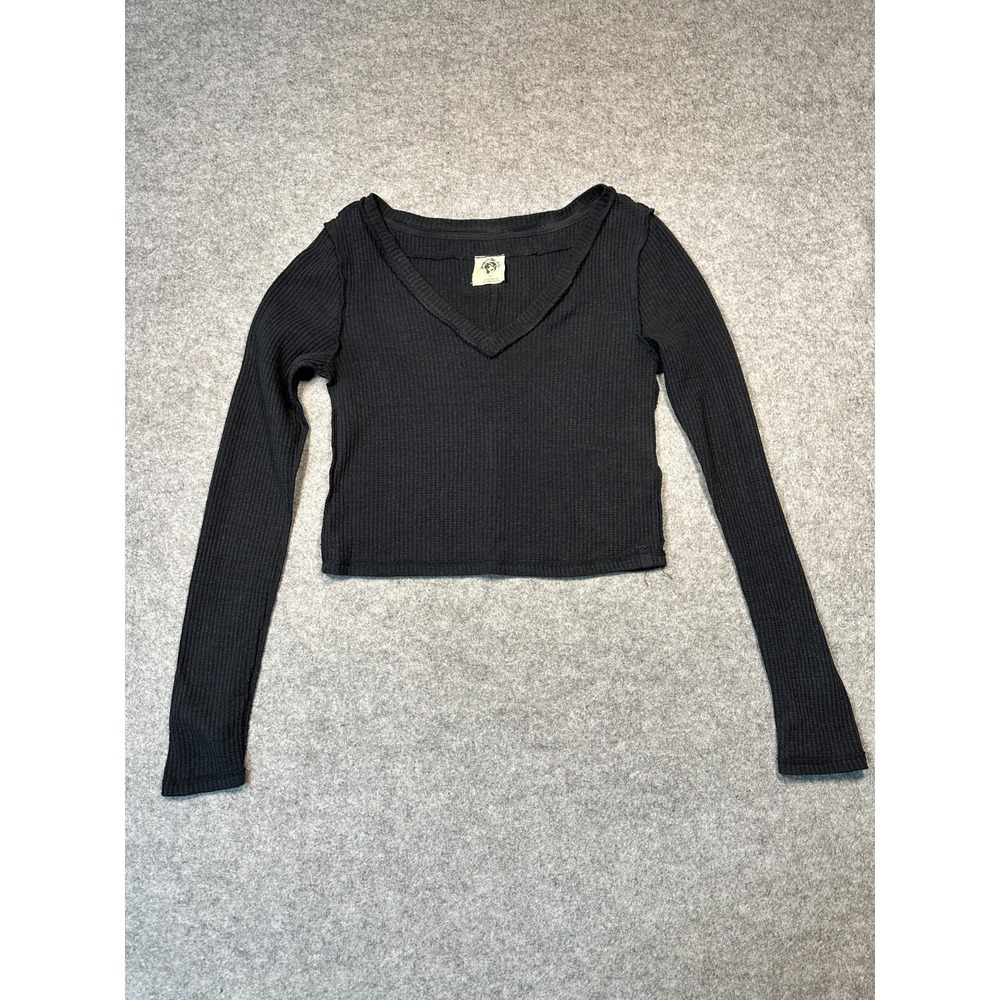 We The Free Cropped Sweater Womens S Black Thermal Long Sleeve Pullover V Neck‎